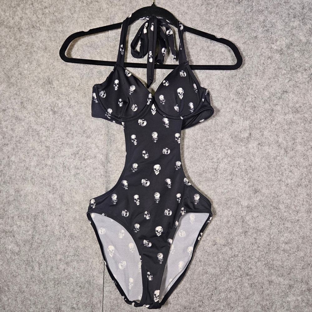 Killstar Womens Black Skull Print Cut Out Monokini Goth Alt Witchy Swimsuit Sz S